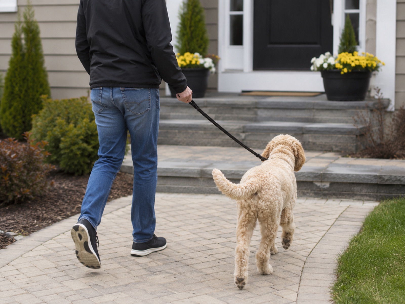 A dog walker leading a doodle on a leash up the front walkway of a home